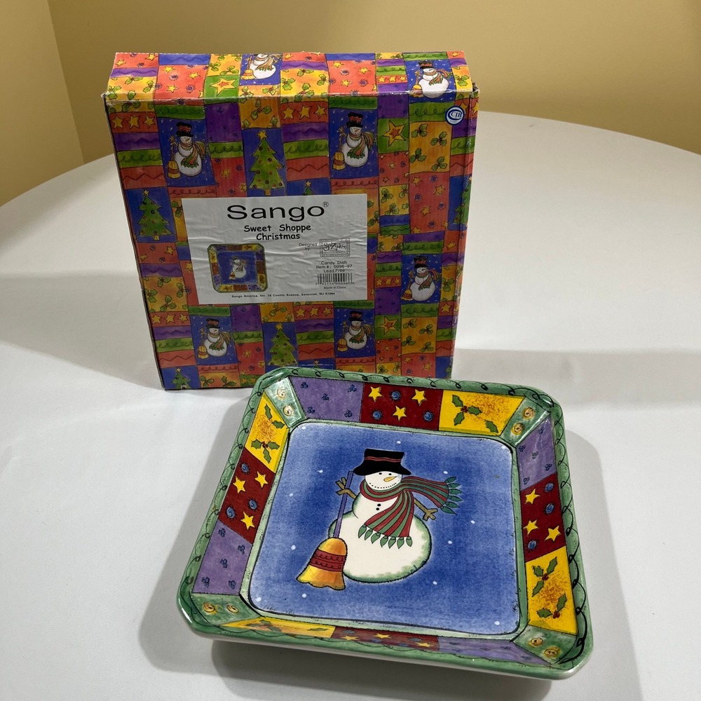 Sango Sweet Shoppe Christmas Candy Dish Sue Zipkin Snowman 10in Square Plate